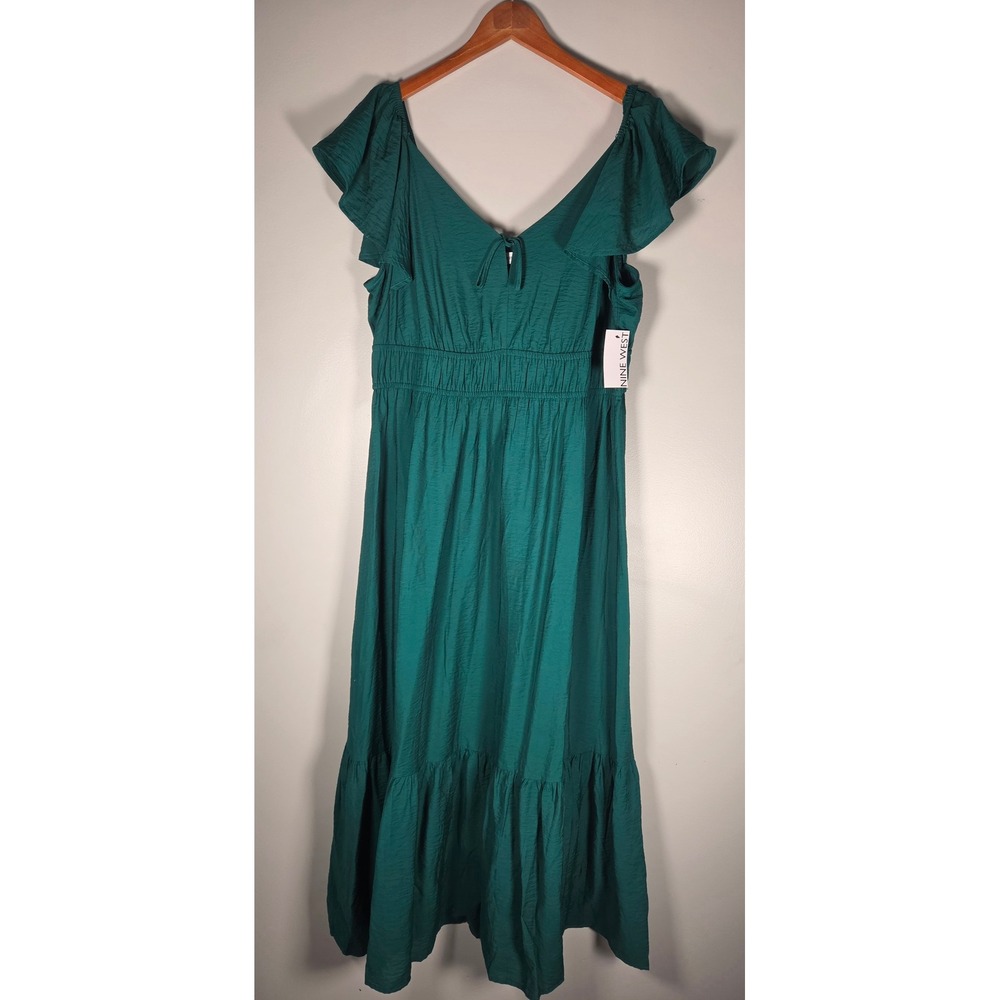 Nine West Boho Chic Green Flutter Sleeve Smocked Waist Tiered Midi Dress XL NWT